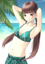 Rule 34 | 1girl, adjusting hair, arm up, bad id, bad pixiv id, beach, breasts, brown eyes, brown hair, day, hair tie, hami (hami-gerden), highres, looking at viewer, mouth hold, navel, original, outdoors, palm tree, school uniform, small breasts, solo, standing, swimsuit, tree, twintails