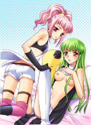 Rule 34 | 00s, 2girls, anya alstreim, asano akira, ass, bad id, bad pixiv id, bare shoulders, breasts, butt crack, c.c., cheese-kun, code geass, covered erect nipples, female focus, green hair, long hair, looking back, lying, medium breasts, multiple girls, nipples, pink hair, pizza hut, ponytail, red eyes, small breasts, thighhighs, yellow eyes, yuri