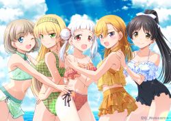 Rule 34 | 5girls, :d, ;d, aqua bikini, arashi chisato, ass, bare arms, bare shoulders, bikini, bikini skirt, black hair, black one-piece swimsuit, blonde hair, blue eyes, blue one-piece swimsuit, blue sky, blunt bangs, blush, bow, breasts, casual one-piece swimsuit, cleavage, cleavage cutout, closed mouth, clothing cutout, cloud, collarbone, commentary request, covered navel, cowboy shot, cross-laced bikini, cross-laced clothes, double bun, floral print, flower knot, frilled bikini, frilled swimsuit, frills, green bikini, green eyes, green hairband, grey hair, hair behind ear, hair between eyes, hair bow, hair bun, hair ornament, hair scrunchie, hairband, halterneck, hand on another&#039;s shoulder, hands up, hazuki ren, heanna sumire, high ponytail, highres, horizon, light particles, long hair, looking at viewer, looking to the side, love live!, love live! superstar!!, medium breasts, medium hair, multicolored bikini, multicolored clothes, multicolored hair, multiple girls, musashiya chougenbou, navel, ocean, off-shoulder bikini, off-shoulder one-piece swimsuit, off shoulder, one-piece swimsuit, one eye closed, open mouth, orange bikini, orange hair, outstretched arms, pink hair, plaid, plaid bikini, plaid hairband, ponytail, print bikini, print swimsuit, purple eyes, red bikini, red eyes, red scrunchie, scrunchie, shibuya kanon, short hair, side-tie bikini bottom, sky, smile, sparkle, standing, stomach, streaked hair, sunlight, swept bangs, swimsuit, tang keke, tankini, teeth, twintails, twitter username, two-tone hair, two-tone swimsuit, upper teeth only, white bow, white hair, yellow eyes