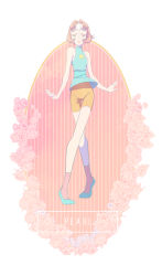 Rule 34 | 1girl, arechan, brown hair, closed eyes, forehead jewel, full body, highres, pearl (steven universe), shorts, sleeveless, solo, steven universe, striped, striped background