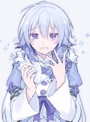 Rule 34 | 1girl, blush, crying, crying with eyes open, flower, flower (symbol), gradient hair, grey background, highres, hijiri (resetter), hydrangea, long sleeves, looking at viewer, multicolored hair, open mouth, original, purple eyes, purple hair, rain, short hair, simple background, solo, tears