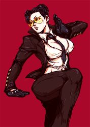 Rule 34 | 1girl, between breasts, black hair, braid, breasts, capcom, chun-li, commentary request, cosplay, crimson viper, crimson viper (cosplay), double bun, fighting stance, formal, gloves, goggles, hair bun, large breasts, necktie, necktie between breasts, orange-tinted eyewear, pant suit, pants, rimless eyewear, safety glasses, simple background, solo, street fighter, street fighter iv (series), studded gloves, suit, sunglasses, tinted eyewear, tobaccostar, unbuttoned, unbuttoned shirt, visor, yellow-tinted eyewear