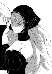 Rule 34 | 1girl, bare shoulders, breasts, cleavage, detached sleeves, dungeon meshi, ear covers, elf, from side, greyscale, hands up, headdress, highres, jack (haist), lace-trimmed headwear, lace-trimmed sleeves, lace trim, long hair, long sleeves, looking at viewer, looking to the side, marcille donato, marcille donato (lord), monochrome, open mouth, out of frame, pointy ears, simple background, sleeves past wrists, solo focus, spoilers, sweat, upper body, winged lion (dungeon meshi)