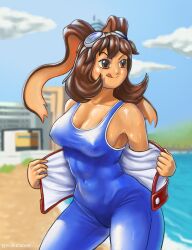 Rule 34 | 1girl, absurdres, animal ears, beach, blue sky, blue unitard, blurry, blurry background, bodysuit, breasts, brown eyes, brown hair, building, cloud, collarbone, covered abs, covered erect nipples, covered navel, goggles, goggles on head, highres, jacket, makihara arina, medium breasts, muscular, muscular female, nasreddin, open clothes, open jacket, outdoors, rabbit ears, removing jacket, shiny skin, shore, sidelocks, signature, skin tight, sky, sleeveless, smile, sweat, tongue, tongue out, turning head, unitard, waku waku 7