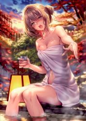 Rule 34 | 1girl, absurdres, bare arms, bare shoulders, blue eyes, blurry, blurry background, blush, branch, breasts, choko (cup), cleavage, cloud, cloudy sky, collarbone, cup, green eyes, heterochromia, highres, holding, huge filesize, idolmaster, idolmaster cinderella girls, looking at viewer, mole, mole under eye, naked towel, navel, onsen, partially submerged, piromizu, scan, shiny skin, simple background, sitting, sky, solo, steam, stomach, takagaki kaede, towel, water, water drop, wet, white towel