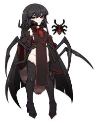 Rule 34 | 1girl, arthropod girl, black footwear, black hair, black recluse (terraria), boots, breasts, bug, claws, commentary, detached sleeves, english commentary, hair between eyes, highres, insect girl, long hair, looking at viewer, monster girl, nyong nyong, pale skin, pelvic curtain, personification, petite, red eyes, reference inset, simple background, small breasts, spider, spider girl, terraria, thigh boots, very long hair, white background, wide sleeves