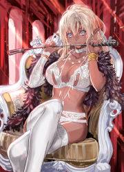 Rule 34 | 1girl, beads, blue eyes, bow, bow bra, bra, bracelet, breasts, chair, choker, cleavage, collarbone, crossed legs, dark-skinned female, dark elf, dark skin, detached sleeves, earrings, elf, feather boa, garter belt, garter straps, hair between eyes, high ponytail, holding, indoors, jewelry, lace, lace-trimmed bra, lace-trimmed legwear, lace-trimmed panties, lace trim, large breasts, light smile, lingerie, long hair, long pointy ears, looking at viewer, necklace, original, panties, parted bangs, pinup (style), pointy ears, ponytail, ran&#039;ou (tamago no kimi), riding crop, sidelocks, sitting, smile, solo, thighhighs, underwear, underwear only, very long hair, white bra, white hair, white panties, white thighhighs, window