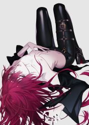 Rule 34 | black nails, den (xxxswampmanxxx), harness, high heels, highres, leather, leather pants, long hair, lying, on back, pants, red hair, ribs, white background