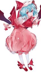 Rule 34 | 1girl, absurdres, ankle ribbon, arm behind back, ascot, bat wings, blue hair, brooch, buckle, collared dress, dress, frilled dress, frills, full body, hair between eyes, hat, hat ribbon, high collar, highres, ikurauni, jewelry, leaning forward, leg ribbon, looking at viewer, low wings, mary janes, mob cap, nail polish, parted lips, pink dress, puffy short sleeves, puffy sleeves, red ascot, red eyes, red footwear, red nails, red ribbon, remilia scarlet, ribbon, sash, shoes, short hair, short sleeves, sidelocks, simple background, solo, touhou, white background, white legwear, wings, wrist cuffs, wrist ribbon