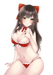 Rule 34 | 1girl, absurdres, arm at side, bare shoulders, bikini, blush, bow, bow bikini, breasts, brown hair, cleavage, closed mouth, collarbone, commentary request, frilled bow, frills, groin, hair bow, hair tubes, hakurei reimu, halterneck, hand on own chest, hand up, head tilt, highres, large breasts, long hair, looking at viewer, medium breasts, midriff, multi-strapped bikini, navel, red bikini, red bow, sidelocks, simple background, sitting, solo, stomach, strap gap, string pull, swimsuit, tooga mashiro, touhou, white background, white bow, yellow eyes