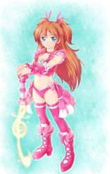 Rule 34 | 1girl, adapted costume, arakawa tarou, blue eyes, boots, bow, bra, braid, brown hair, choker, cosplay, cure melody, cure melody (cosplay), earrings, hair ornament, hair ribbon, half updo, happy, highres, houjou hibiki, jewelry, knee boots, long hair, looking at viewer, navel, panties, pink bow, pink bra, pink footwear, pink panties, pink shirt, pink thighhighs, precure, ribbon, shirt, single braid, smile, solo, standing, stomach, suite precure, thighhighs, thighs, twintails, two side up, underwear, underwear only, wrist cuffs