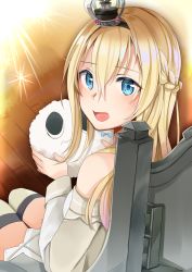 Rule 34 | 10s, 1girl, bare shoulders, blonde hair, blue eyes, braid, breasts, commentary request, crown, dress, french braid, hair between eyes, hairband, kantai collection, long hair, long sleeves, medium breasts, mini crown, miss cloud, off-shoulder dress, off shoulder, open mouth, thighhighs, warspite (kancolle), yuna (yukiyuna)