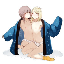 Rule 34 | 2boys, androgynous, blonde hair, blunt bangs, blush, braid, brown hair, frown, hand on another&#039;s head, japanese clothes, male focus, miusa, multiple boys, navel, nipples, no pants, side-by-side, side braid, simple background, sitting, socks, swept bangs, topless male, trap, twin braids, underwear, white background
