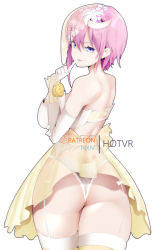 Rule 34 | 1girl, artist name, ass, back, blue eyes, bra, breasts, closed mouth, commentary, cowboy shot, elbow gloves, english commentary, finger to mouth, flower, from behind, garter belt, gloves, go-toubun no hanayome, hair between eyes, hair flower, hair ornament, hand on own arm, hand up, hot vr, large breasts, legs together, looking at viewer, looking back, miniskirt, nakano ichika, no shoes, paid reward available, panties, pink hair, pixiv username, see-through, short hair, simple background, skirt, smile, solo, standing, thighhighs, thighs, underwear, white background, white bra, white gloves, white panties, yellow skirt, yellow thighhighs