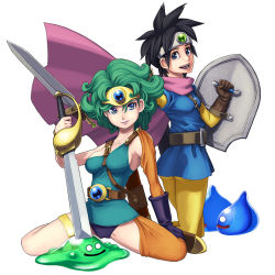 Rule 34 | 2girls, asymmetrical clothes, black hair, blue eyes, breasts, cape, circlet, curly hair, dragon quest, dragon quest iii, dragon quest iv, gloves, green hair, heroine (dq4), leotard, looking at viewer, maruta kentarou, multiple girls, open mouth, roto (dq3), shield, short hair, simple background, slime (dragon quest), smile, sword, weapon, white background