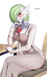 Rule 34 | 1girl, artist name, blush, bob cut, breasts, brown dress, brown jacket, cleavage, collarbone, colored skin, covered erect nipples, creatures (company), crossed legs, dress, female focus, game freak, gardevoir, gen 3 pokemon, green hair, grin, hair over one eye, half-closed eyes, hand on own chin, hand up, happy, head tilt, highres, jacket, jewelry, large breasts, long dress, long sleeves, looking at viewer, mega gardevoir, mega pokemon, mole, mole on breast, nintendo, on chair, one eye covered, open clothes, open jacket, personification, pokemon, pokemon (creature), red eyes, ring, short hair, signature, simple background, sitting, sleeveless, sleeveless dress, smile, solo, spaghetti strap, table, teeth, ticker (kks2ksy), wedding band, white background, white skin