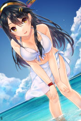Rule 34 | 10s, 1girl, bare shoulders, bikini, black hair, bracelet, breasts, cleavage, cloud, cloudy sky, day, dutch angle, front-tie top, hair ornament, hairband, hairclip, halterneck, halterneck, hands on own knees, haruna (kancolle), highres, jewelry, jun project, kantai collection, leaning forward, long hair, looking at viewer, medium breasts, ocean, open mouth, outdoors, sarong, see-through, sky, smile, solo, standing, standing on liquid, swimsuit, wading, white bikini