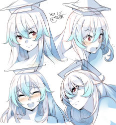 Rule 34 | 1girl, :d, blue hair, blush, character sheet, dated, expressions, female focus, hair between eyes, hair over one eye, hat, kamishirasawa keine, kokka han, long hair, looking at viewer, multicolored hair, multiple views, nose blush, open mouth, partially colored, portrait, red eyes, sidelocks, sketch, smile, sweat, touhou, two-tone hair, white background, white hair