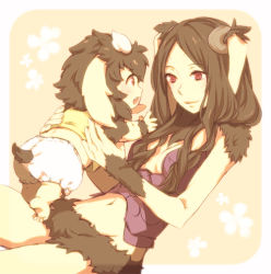 Rule 34 | 1boy, 1girl, age difference, animal ears, baby, brown hair, rabbit, rabbit ears, diaper, eye contact, fire emblem, fire emblem awakening, furry, happy, looking at another, midriff, mother and son, navel, nintendo, panne (fire emblem), red eyes, smile, yarne (fire emblem)