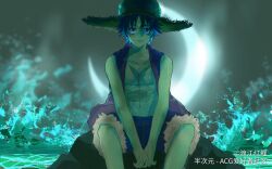 Rule 34 | 1boy, absurdres, artist name, bare shoulders, black eyes, black hair, chinese text, crescent moon, du jianghongli, facial scar, hat, highres, looking at viewer, male focus, monkey d. luffy, moon, night, night sky, one piece, open clothes, outdoors, rock, scar, scar on cheek, scar on chest, scar on face, short hair, shorts, sitting, sitting on rock, sky, sleeveless, solo, straw hat, water, waves