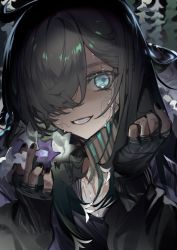 Rule 34 | 1girl, arknights, black gloves, black hair, black jacket, black nails, blue eyes, commentary, crying, crying with eyes open, dark-skinned female, dark skin, fingerless gloves, flint (arknights), flower, gloves, hair over one eye, highres, holding, holding flower, jacket, looking at viewer, nail polish, neck tattoo, portrait, solo, tattoo, tears, xianchong shi