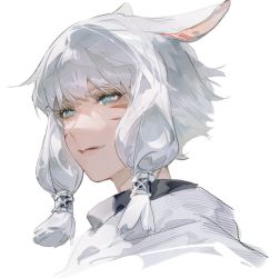 Rule 34 | 1girl, animal ears, aqua eyes, cat ears, chinese commentary, commentary request, facial mark, final fantasy, final fantasy xiv, from side, hair tubes, looking ahead, miqo&#039;te, portrait, short hair, sidelocks, simple background, slit pupils, smile, solo, tefco, white background, white hair, y&#039;shtola rhul