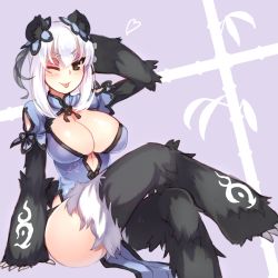 Rule 34 | 1girl, ;p, animal ears, animal hands, arm behind head, bamboo, black eyes, blush, breasts, china dress, chinese clothes, claws, cleavage, crossed legs, dress, fur, ganesagi, heart, highres, large breasts, looking at viewer, monster girl, monster girl encyclopedia, one eye closed, panda ears, panda girl, ren xiongmao, side slit, sitting, smile, solo, tongue, tongue out, white hair