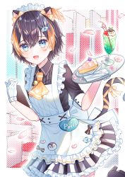 Rule 34 | 1girl, :3, absurdres, alternate costume, animal ears, apron, black footwear, black shirt, blue eyes, brown hair, cat ears, cat girl, cat tail, collared shirt, cup, drinking straw, enmaided, fish hair ornament, gloves, hair ornament, high heels, highres, holding, holding tray, kemonomimi mode, looking at viewer, maid, maid apron, maid headdress, nijisanji, nijisanji en, open mouth, orange hair, petra gurin, plate, shirt, short hair, skirt, smile, solo, striped clothes, striped skirt, tail, tray, virtual youtuber, white apron, white gloves, zuwaineko