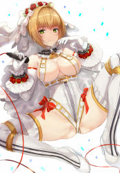 Rule 34 | 10s, 1girl, ahoge, belt, blonde hair, blush, bow, breasts, bridal veil, chain, cleavage, confetti, detached collar, detached sleeves, fate/extra, fate/extra ccc, fate/grand order, fate (series), flower, gloves, green hair, hair intakes, high heels, holding, holding microphone, jilllxlxl, large breasts, legs, leotard, lock, looking at viewer, md5 mismatch, microphone, nero claudius (bride) (fate), nero claudius (fate), nero claudius (fate) (all), official alternate costume, padlock, red bow, red flower, red rose, resolution mismatch, revealing clothes, rose, shoes, short hair, sitting, smile, solo, source larger, spread legs, thighhighs, thighs, underboob, veil, white background, white footwear, white gloves, white thighhighs