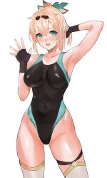 Rule 34 | 1girl, absurdres, alternate breast size, aqua eyes, arm behind head, arm up, black gloves, blonde hair, breasts, competition swimsuit, covered erect nipples, fingerless gloves, gloves, hair ornament, happy, highleg, highleg swimsuit, highres, hololive, kazama iroha, large breasts, navel, one-piece swimsuit, open mouth, sawatari kazuma, skin tight, skindentation, smile, swimsuit, thighhighs, thighs, virtual youtuber, waving, white thighhighs