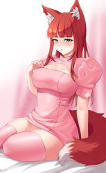 Rule 34 | 1girl, absurdres, animal ears, blush, breasts, cleavage, cleavage cutout, clothing cutout, dress, fox ears, fox girl, fox tail, green eyes, highres, large breasts, long hair, looking at viewer, nurse, open mouth, original, piercing, pink dress, red hair, rinko riban, simple background, sitting, solo, tail, thighhighs, thighs