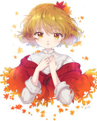 Rule 34 | 1girl, aki shizuha, alternate costume, autumn leaves, blonde hair, cropped torso, hair ornament, hands on own chest, highres, iris anemone, leaf, leaf background, leaf hair ornament, long sleeves, looking at viewer, maple leaf, parted lips, shirt, short hair, signature, sleeves rolled up, solo, touhou, upper body, white background, white shirt, yellow eyes