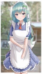 Rule 34 | 1girl, absurdres, alternate costume, aohane, apron, blue dress, blurry, blurry background, blush, depth of field, dress, enmaided, frog hair ornament, hair ornament, hair tubes, highres, kochiya sanae, light smile, long hair, looking at viewer, maid, maid apron, maid headdress, outdoors, snake hair ornament, solo, touhou, white apron