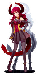 Rule 34 | 1girl, armor, armored dress, borrowed character, bracelet, breasts, daizan (mount position), demon girl, demon horns, demon tail, elbow gloves, full body, gloves, hand on own hip, horns, jewelry, long hair, maou beluzel, original, pantyhose, red eyes, red hair, shadow, skirt, smile, solo, tail, yuusha to maou