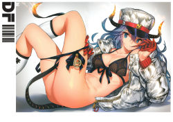 Rule 34 | 1girl, absurdres, ass, blue eyes, blue hair, bow, bowtie, bra, breasts, buttons, collarbone, crossed legs, demon girl, demon tail, down jacket, fire, fire, flaming horns, gloves, hat, highres, horns, jacket, long hair, long sleeves, looking at viewer, lying, medium breasts, mouth hold, on back, open clothes, open jacket, original, panties, panty pull, parted lips, red gloves, saitou masatsugu, scan, shiny skin, simple background, socks, solo, tail, thighs, underwear, zipper, zipper pull tab