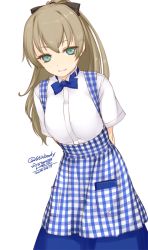 Rule 34 | 10s, 1girl, alternate costume, apron, blouse, blue bow, blue bowtie, bow, bowtie, brown hair, dated, gingham apron, green eyes, hair bow, kantai collection, kobeya uniform, kumano (kancolle), long hair, looking at viewer, plaid, plaid apron, rokuwata tomoe, shirt, simple background, solo, standing, white background, white shirt