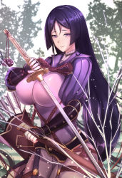 Rule 34 | 1girl, antiqq, arm guards, arrow (projectile), blush, bodysuit, breasts, covered erect nipples, fate/grand order, fate (series), fingerless gloves, gloves, highres, holding, holding sword, holding weapon, huge breasts, japanese clothes, katana, long hair, minamoto no raikou (fate), outdoors, parted bangs, purple eyes, purple hair, quiver, scabbard, sheath, skin tight, smile, solo, standing, sword, very long hair, weapon