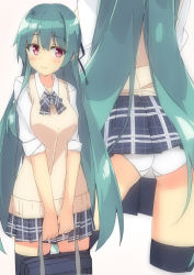 Rule 34 | 1girl, bag, beritabo, black bow, black ribbon, black skirt, black thighhighs, blush, bow, brown background, closed mouth, collarbone, collared shirt, commentary request, cropped legs, green hair, hair between eyes, hair ribbon, holding, holding bag, long hair, multiple views, original, panties, plaid, plaid bow, plaid skirt, pleated skirt, red eyes, ribbon, school bag, shirt, short sleeves, simple background, skirt, smile, sweater vest, thighhighs, underwear, v arms, very long hair, white panties, white shirt