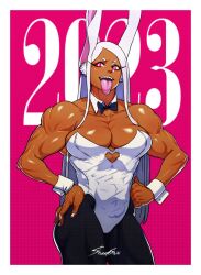 Rule 34 | 1girl, 2023, abs, animal ears, artist name, black bow, black bowtie, black pantyhose, boku no hero academia, bow, bowtie, breasts, chinese zodiac, cleavage, clenched hand, clothing cutout, dark-skinned female, dark skin, detached sleeves, female focus, hands on own hips, heart cutout, highres, large breasts, leotard, long hair, looking to the side, medium breasts, mirko, muscular, muscular female, open mouth, pantyhose, pink background, pink eyes, playboy bunny, rabbit ears, rabbit girl, red eyes, sheep shin, signature, solo, toned, tongue, tongue out, white hair, white leotard, wrist cuffs, year of the rabbit