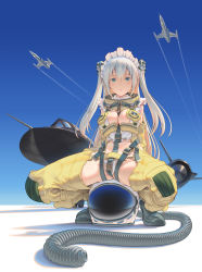 Rule 34 | 1girl, aircraft, airplane, arms behind back, blue sky, breasts, contrail, crossed bangs, f-104 starfighter, fighter jet, green eyes, hair ornament, helmet, highres, jet, long hair, looking at viewer, medium breasts, military, military vehicle, original, pinakes, sky, solo, spread legs, squatting, sr-71 blackbird, stealth, stealth aircraft, twintails, uniform, white hair