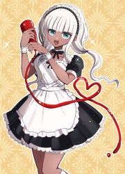 Rule 34 | 1girl, :d, alternate costume, apron, artist name, black bow, black bowtie, black dress, bottle, bow, bowtie, danganronpa (series), danganronpa v3: killing harmony, dress, enmaided, frilled apron, frills, grey eyes, grey hair, heart, holding, holding bottle, ketchup, ketchup bottle, kneehighs, lace, lace-trimmed dress, lace trim, looking at viewer, maid, maid headdress, mikao (eanv5385), open mouth, orange background, puffy short sleeves, puffy sleeves, short sleeves, smile, socks, solo, sparkle, twintails, white apron, wrist cuffs, yonaga angie