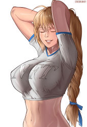 Rule 34 | 1girl, ahoge, arms up, bathing, blue ribbon, braid, braided ponytail, breasts, closed eyes, clothes writing, commission, contemporary, crop top, erodrunky, hair ribbon, hands in hair, highres, impossible clothes, impossible shirt, large breasts, lips, long hair, low-tied long hair, navel, ribbon, shirt, smile, solo, sophitia alexandra, soul calibur, soulcalibur, soulcalibur vi, t-shirt, teeth, upper body, white background