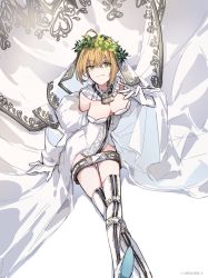 Rule 34 | 1girl, absurdres, ahoge, bare shoulders, belt, blonde hair, breasts, carimarica, chain, cleavage, detached collar, detached sleeves, elbow gloves, fate/extra, fate/extra ccc, fate/grand order, fate (series), flower wreath, full-length zipper, gloves, green eyes, hair between eyes, hair intakes, head wreath, highleg, highleg leotard, highres, large breasts, leotard, lock, long hair, looking at viewer, loose belt, nero claudius (bride) (fate), nero claudius (bride) (third ascension) (fate), nero claudius (fate), nero claudius (fate) (all), padlock, puffy sleeves, smile, solo, thighhighs, thighs, veil, white gloves, white leotard, white thighhighs, wide sleeves, zipper, zipper pull tab