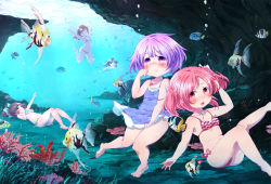 Rule 34 | 5girls, air bubble, bikini, bubble, casual one-piece swimsuit, fish, freediving, highres, holding breath, mochizuki usagi, multiple girls, one-piece swimsuit, original, pink hair, purple eyes, purple hair, red eyes, rock, short hair, swimming, swimsuit, twintails, underwater