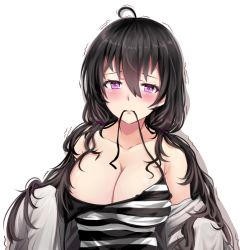 Rule 34 | 1girl, ahoge, bad id, bad pixiv id, beifeng han, black hair, blush, breasts, cleavage, closed mouth, collarbone, female focus, hair between eyes, hair ornament, large breasts, long hair, looking at viewer, low twintails, miyaura sanshio, motion lines, mouth hold, off shoulder, original, purple eyes, revision, simple background, solo, strap, strap pull, strap slip, striped, trembling, twintails, upper body, white background