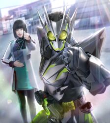 Rule 34 | 1boy, 1girl, android, black bow, black hair, bob cut, bow, chibi, compound eyes, cowboy shot, dock, green eyes, hand up, highres, holding, holding sword, holding weapon, humagear headphones, is (kamen rider 01), kamen rider, kamen rider 01 (series), kamen rider zero-one, looking at viewer, masukudo (hamamoto hikaru), metalcluster hopper, nail polish, pantyhose, photo-referenced, progrise hopper blade, realistic, robot ears, simple background, skirt, sword, thumbs up, tokusatsu, weapon