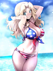 Rule 34 | 1girl, american flag bikini, american flag print, arms behind head, bikini, blonde hair, blue eyes, blue sky, breasts, cleavage, cloud, commentary request, day, flag print, front-tie top, girls und panzer, hair intakes, highres, horizon, kay (girls und panzer), large breasts, long hair, nakahira guy, navel, ocean, outdoors, print bikini, sky, smile, solo, swimsuit, united states