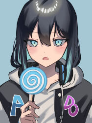 Rule 34 | 1girl, absurdres, ado (utaite), black hair, black hoodie, blue background, blue hair, blush, candy, chando (ado), character name, cloud nine inc, colored inner hair, commentary, food, hair between eyes, headphones, headphones around neck, highres, holding, holding candy, holding food, holding lollipop, hood, hoodie, lollipop, long hair, looking at viewer, mole, mole under eye, multicolored hair, open mouth, simple background, solo, swirl lollipop, tsukuno tsuki, two-tone hoodie, upper body, utaite, white hoodie