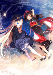 Rule 34 | 2girls, abigail williams (fate), absurdres, arm up, black bow, black dress, black footwear, black hat, black kimono, blonde hair, bloomers, blue eyes, blush, bow, bug, butterfly, calligraphy brush, commentary request, demon girl, dress, dutch angle, falling star, fate/grand order, fate (series), forehead, hair bow, hair ornament, hat, head tilt, highres, holding, holding paintbrush, hugging object, insect, japanese clothes, katsushika hokusai (fate), kimono, long hair, long sleeves, looking at viewer, looking to the side, multiple girls, night, night sky, obi, octopus, orange bow, oversized object, paintbrush, parted bangs, parted lips, pekerika, polka dot, polka dot bow, sash, shoes, shooting star, short sleeves, sky, sleeves past fingers, sleeves past wrists, star (sky), starry sky, stuffed animal, stuffed toy, teddy bear, teeth, tentacles, underwear, upper teeth only, very long hair, white bloomers