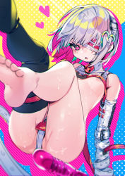 Rule 34 | 1girl, ball gag, bare shoulders, barefoot, black thighhighs, breasts, bukurote, chromatic aberration, crotch strap, dildo, dohna dohna issho ni warui koto o shiyou, elbow gloves, eyepatch, foot focus, foreshortening, gag, gag around neck, gloves, heart, highres, looking at viewer, multicolored hair, multiple straps, nipples, petite, pink eyes, pink hair, porno (dohna dohna), revealing clothes, sex toy, short hair, sitting, small breasts, solo, strap, suggestive fluid, thighhighs, unworn gag, white hair